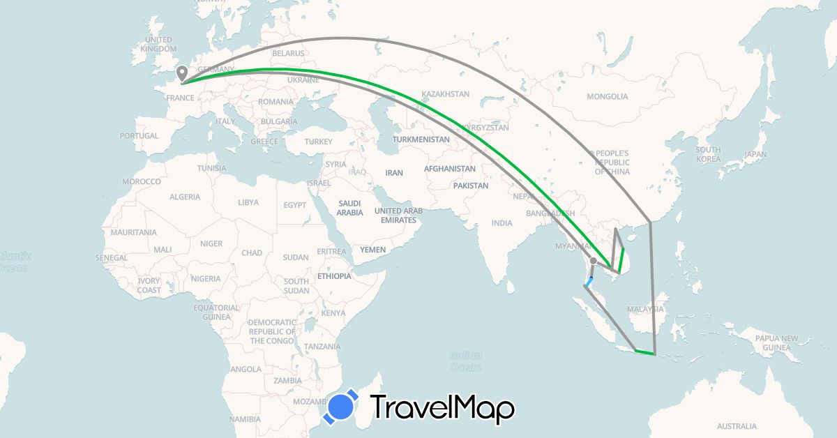 TravelMap itinerary: driving, bus, plane, boat in France, Hong Kong, Cambodia, Thailand, Vietnam (Asia, Europe)